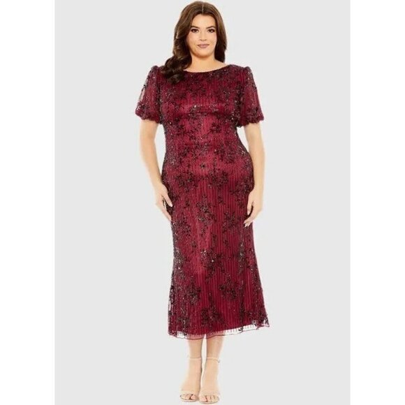 Mac Duggal Size 16 W Burgundy Puff Sleeve Embellished Cocktail MIDI Dress $598